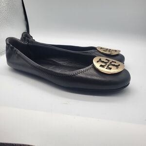 Tory Burch Black Leather Ballet Flats with Gold Logo Medallions